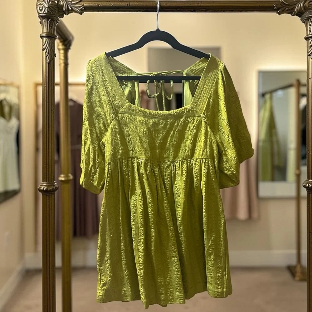 Free People Gigi Blouson Puff Sleeve Tunic Dress Medium Chartreuse Boho Pockets - Picture 7 of 12